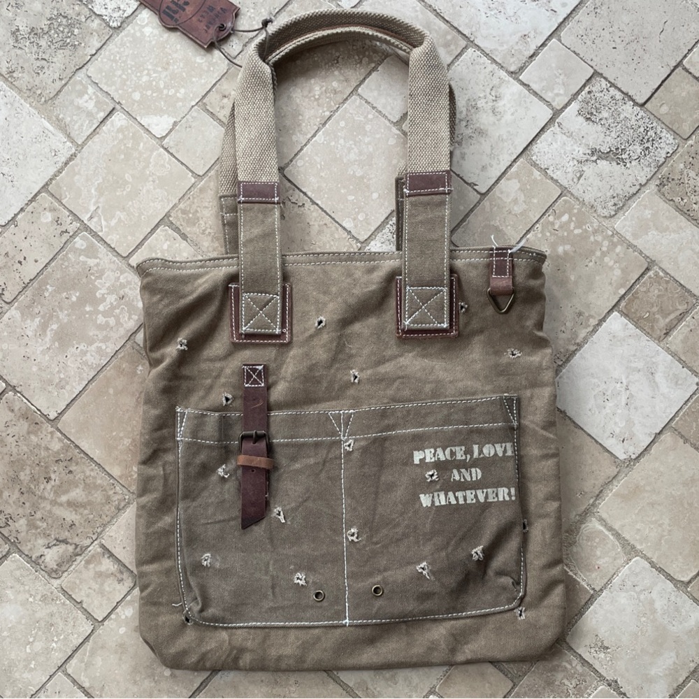 NWT Canvas Tote Bag Leather Accents Upcycled Recycled Outdoor Tents